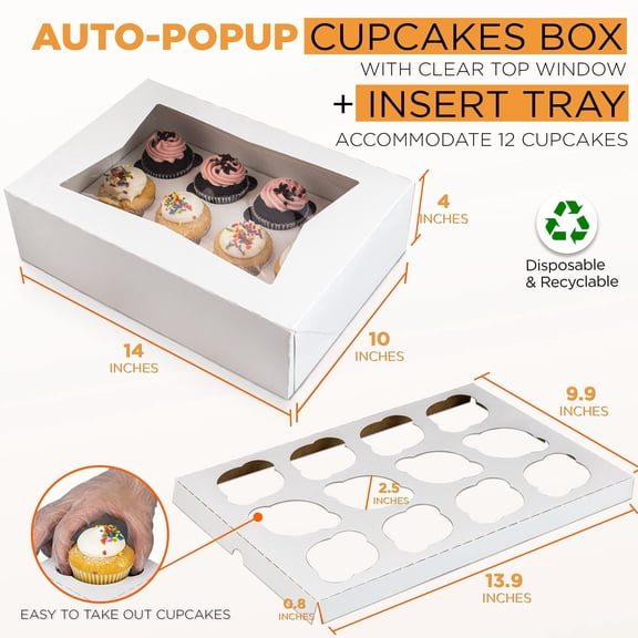 [18 Sets] 14x10x4" White Cupcake Box with Window and Inserts - Holds 12  Muffins, Auto-Popup Cardboard, Gift and Bakery Packaging, Baking Containers for Cakes, Donuts, Cookies and Pastries
