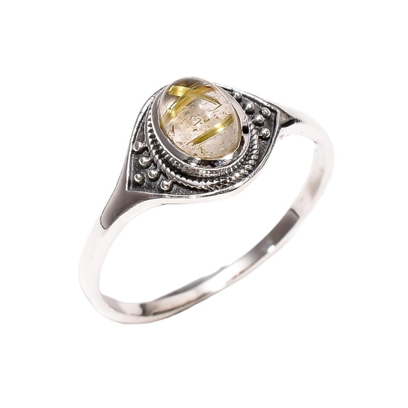 Golden Rutilated Quartz Ring 925 Sterling Silver Statement Boho Rings Gift Jewelry