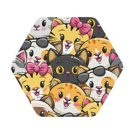 

Matuu Cute Cat Cartoon for Cup Coasters Set of 6 Leather Coasters Desk Coasters for Office Measures 4” x 4” Hexagon