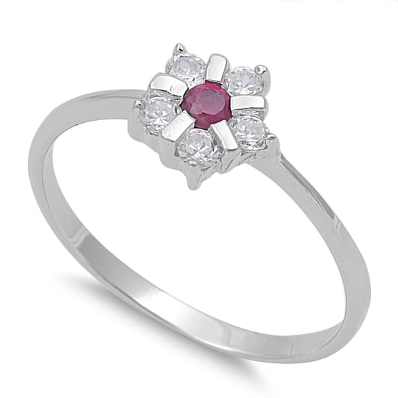 Star Flower Simulated Ruby Cubic Zirconia Ring Sterling Silver 925