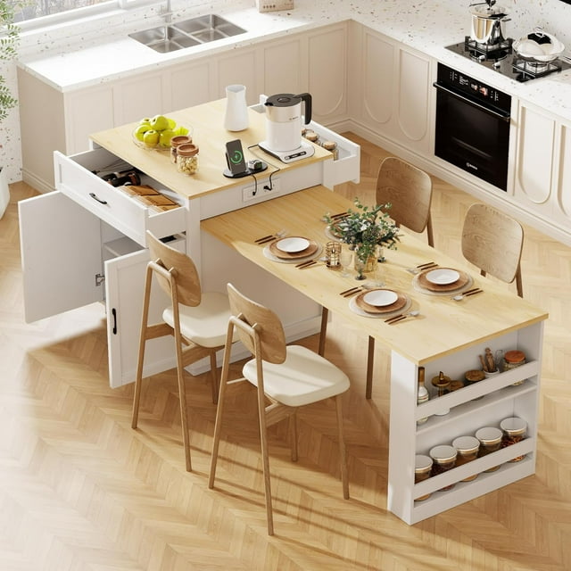 82.7" Kitchen Island with Extendable Dining Table for 4-6, with Storage, Charging Station, 2 Drawers & 2 Side Open Shelves for Dining Room House Bar, White Oak