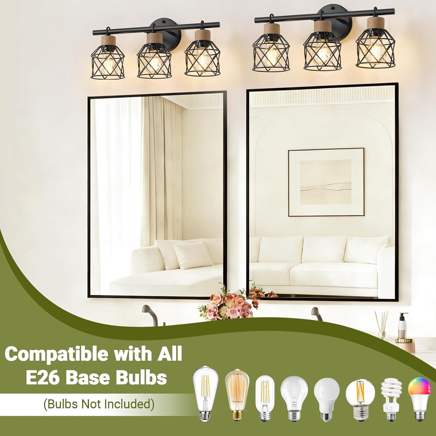 3-Light Farmhouse Bathroom Vanity Light Fixtures over Mirror Matte Black Bathroom Vanity Light Fixtures with Metal Cage Lampshade for Living Room Bedroom Hallway Cabinet