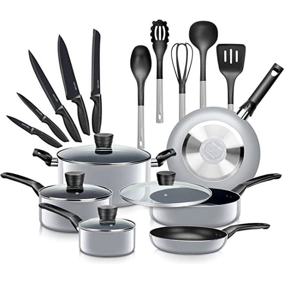 SereneLife 20-Piece Set Gray Kitchenware Pots & Pans Cookware, Black Non-Stick Coating Inside