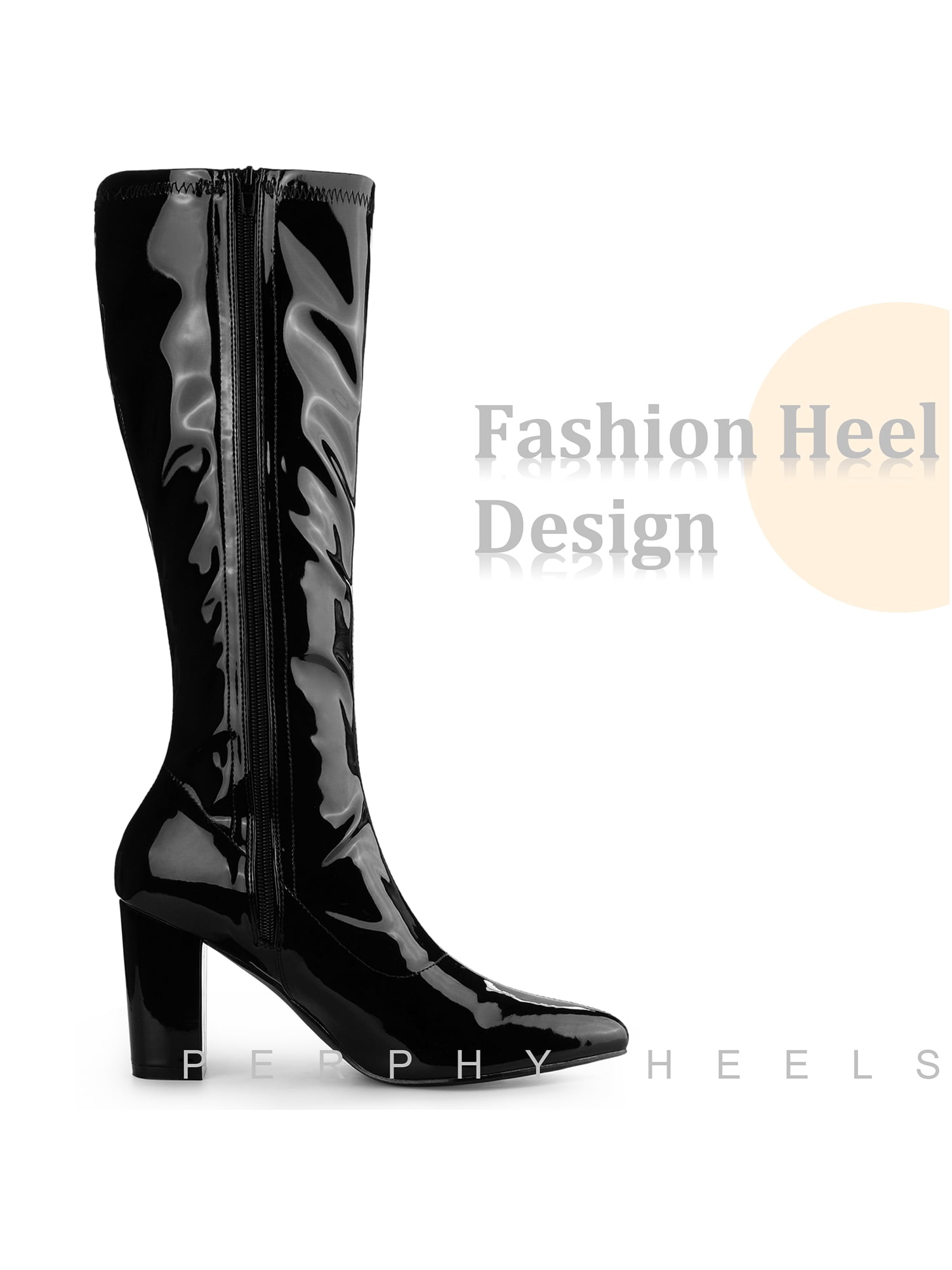 DARING DIVA Women's Go Go Boot Patent Leather Chunky Heels Knee High Boots Black 6