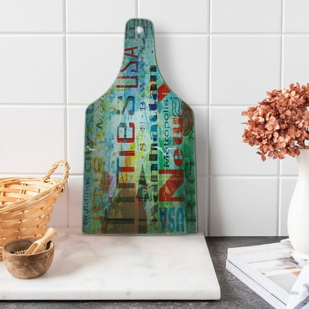 

New York Cutting Board Grunge Collage of Words American Culture Country Metropolis Modern Urban Design Tempered Glass Cutting and Serving Board Wine Bottle Shape Multicolor by Ambesonne