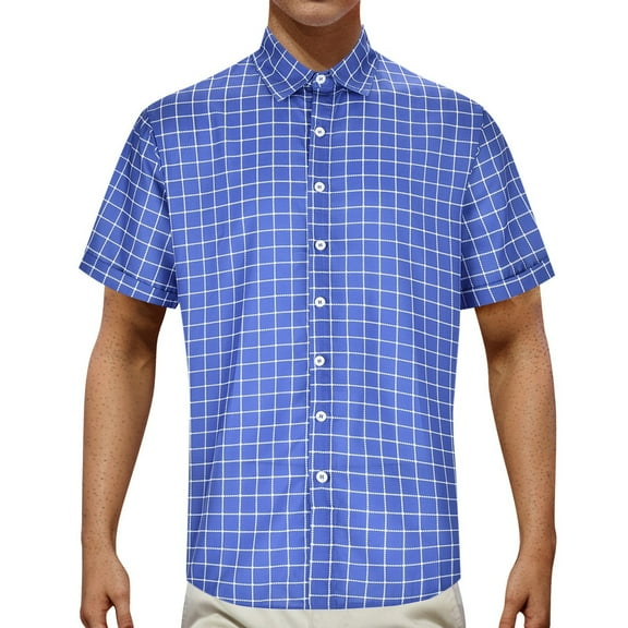 Mens Hawaiian Shirt Short Sleeve Plaid Button Down Lapel Top Plus Size Retro Summer Casual Loose Beach Shirts for Men Blue XXL