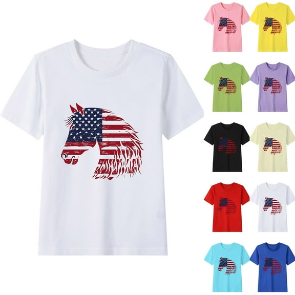 Jinhomg Little Kids America Flag T-Shirts Funny 4th of July Themed Tees Loose Fit Comfy Short Sleeve Crew Neck Patriotic Tops Boys Girls Holiday Gifts Beige 3 Years