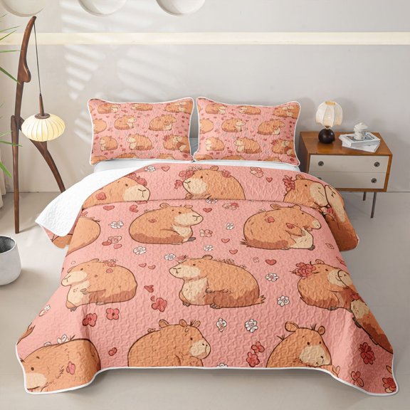 Erosebridal Capybara Lover Twin Quilt Set for Boys Girls, Love Heart Flower Twin Coverlet Set, 2 Pieces