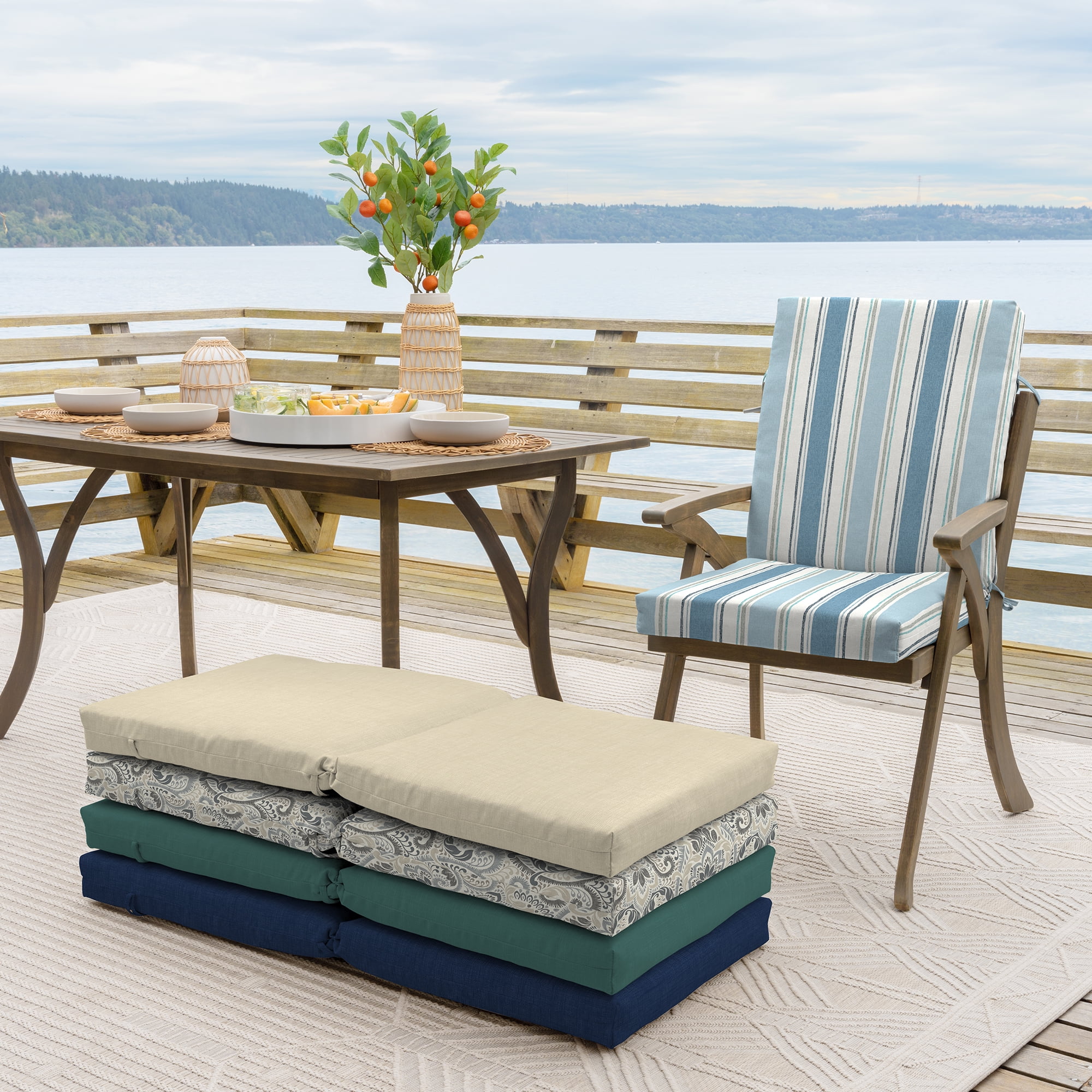 ARDEN Outdoor Dining Chair Cushion 20 x 20, Water Repellent, Fade Resistant 20 x 20, French Blue Linen Stripe