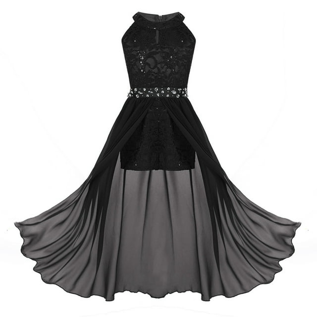 Hansber Robe de Mariée Sans Manches en Dentelle Florale pour Filles, Robe de Bal Maxi d'Anniversaire Noire 6