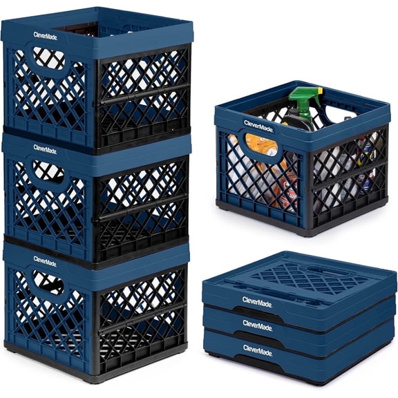 CleverMade Collapsible Milk Crate 25L Stackable, Ocean 3 Pack