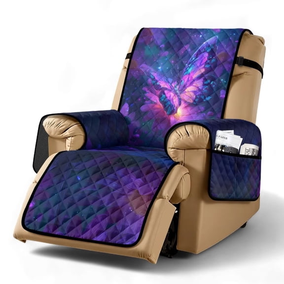 TSOVTHRID Purple Butterfly Floral Galaxy Print Non Slip Reclining Chair Covers, Machine Washable 1 Seat Recliner Cover, Thick Soft Single Seat Recliner Couch Cover for Pet Living Room