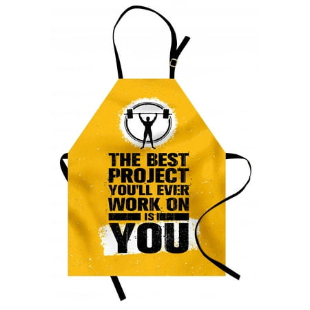 Fitness Apron The Best Project is You Phrase with Weightlifter Fit Body Concept, Unisex Kitchen Bib Apron with Adjustable Neck for Cooking Baking Gardening, Marigold Dark Blue White, by