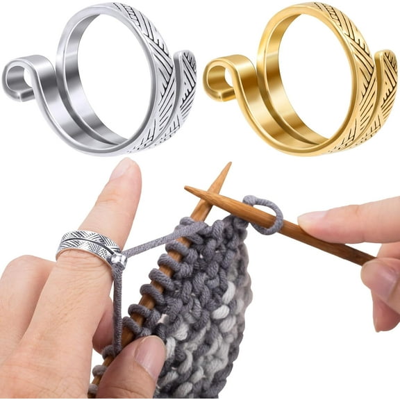2PCS Finger Crochet Tension Rings, Adjustable Metal Knitting Crochet Loop Ring, Open Yarn Guide Ring Thimble Finger Holders Accessories for Knitting, Crocheting - Gold, Silver