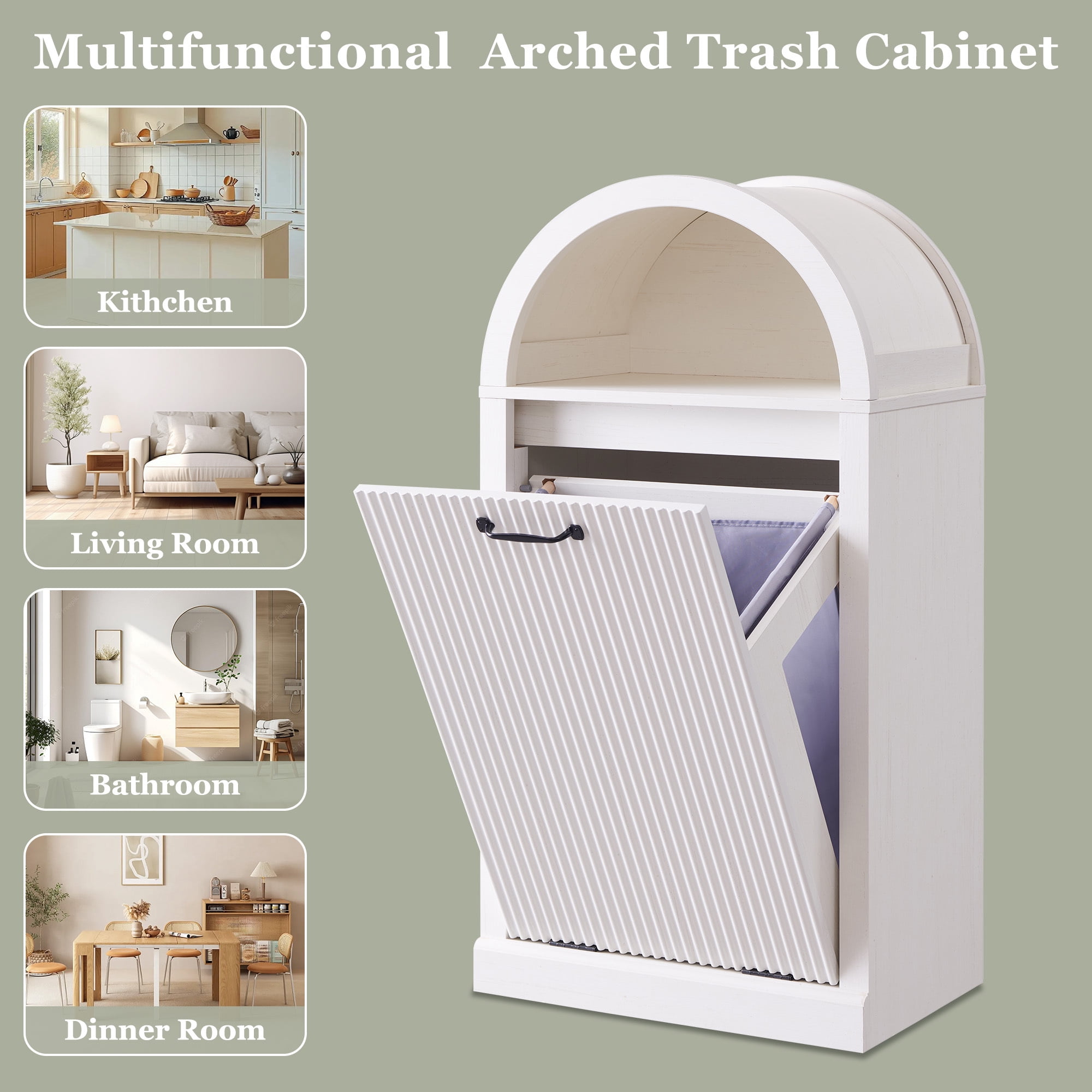 SinCiDo Arched Laundry Hamper Cabinet, 10 Gallon Fluted Hidden Garbage Can Cabinets with Laundry Basket, Free Standing for Bathroom & Kitchen, White