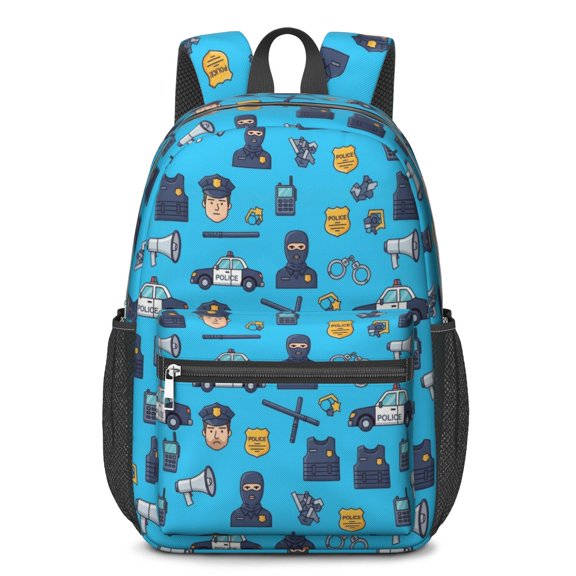 Police and Megaphone Blue Pattern 17" Waterproof Oxford School Backpacks for Teens, S-Shape Padded Straps, for School, Travel, Hiking, Camping