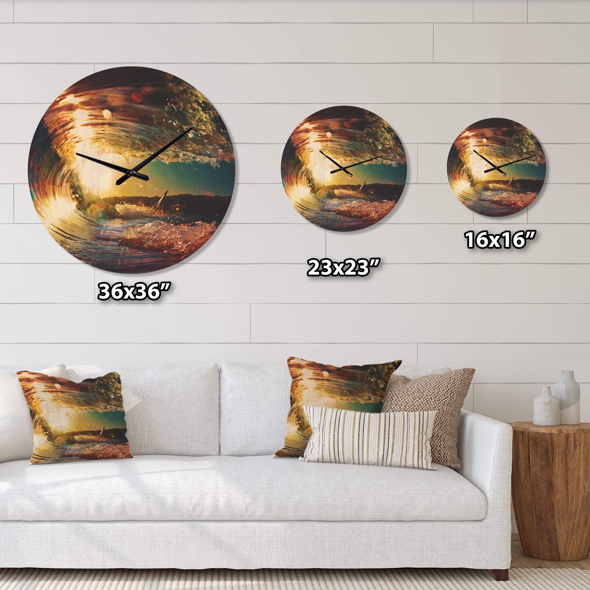 Designart 'Colored Ocean Waves Falling Down At Sunset III' Coastal Wood Wall Clock