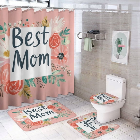 Shower Curtain Sets 4 Piece Best Mom Pink Floral with Non-Slip Rugs Toilet Lid Cover And Bath Mat Funny Mother's Day Mommy Mama Nana Bathroom Decor Set for Bathtub Decor 72inch X 72inch
