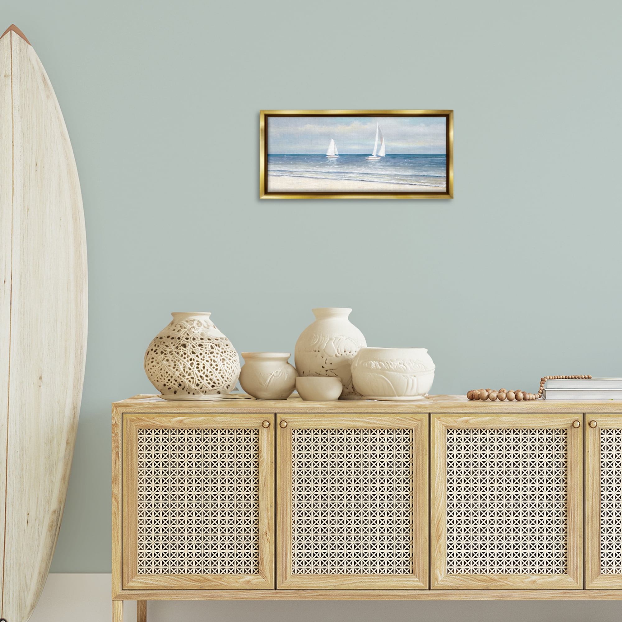 Stupell Industries Sooth Sailboats View Nautical & Beach Painting Gold Floater Framed Canvas Art Print Wall Art, 25 x 11