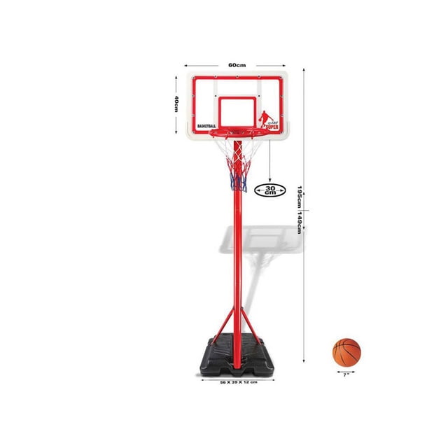 canasta de baloncesto movil de juguete C-LEE roja, vista frontal con tablero rectangular, aro con red y poste metálico sobre base negra rellenable con ranura para verter agua o arena; incluye balón plástico naranja, adecuada para juegos al aire libre y uso en patios o jardines.