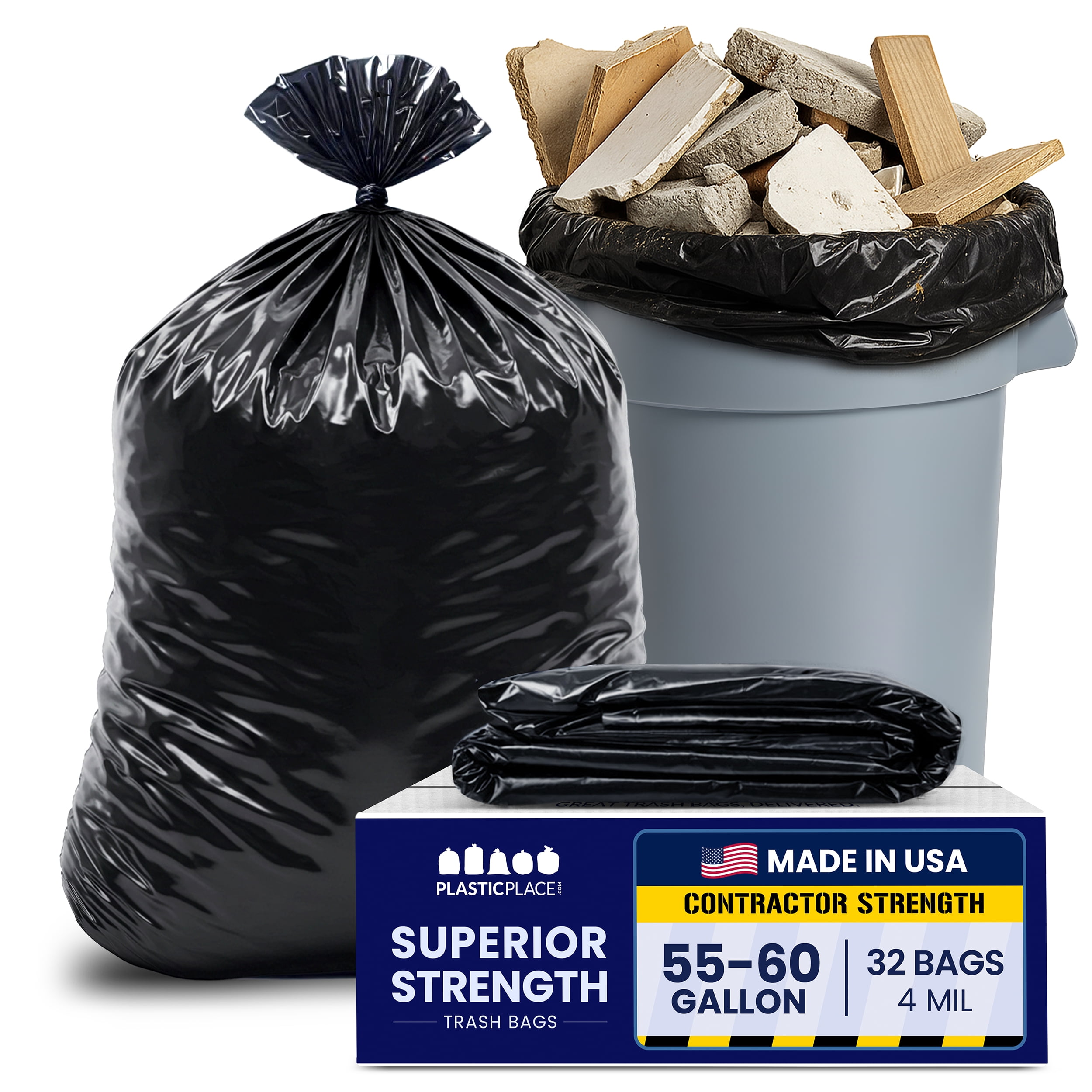 Plasticplace Contractor Garbage Bags: 55 Gallon Trash Bags Heavy Duty, Big Black Trash Bags, 38"x58", 4.0 Mil, Pack of 32