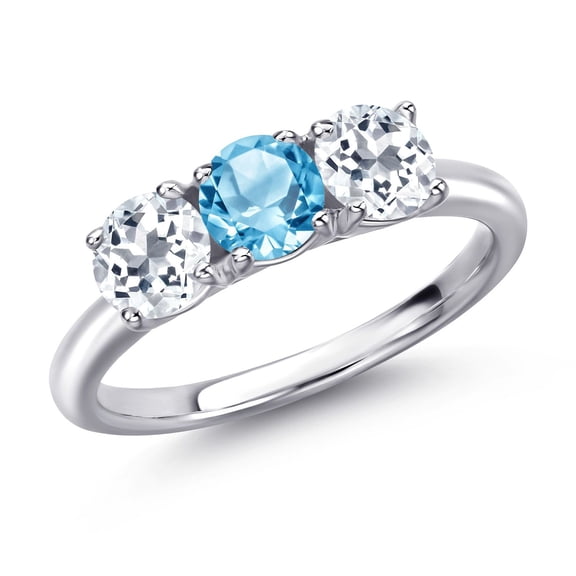 Gem Stone King 925 Sterling Silver Swiss Blue Topaz and White Topaz Engagement Ring for Women | 1.85 Cttw | Round 5MM | Gemstone November Birthstone | Size 9