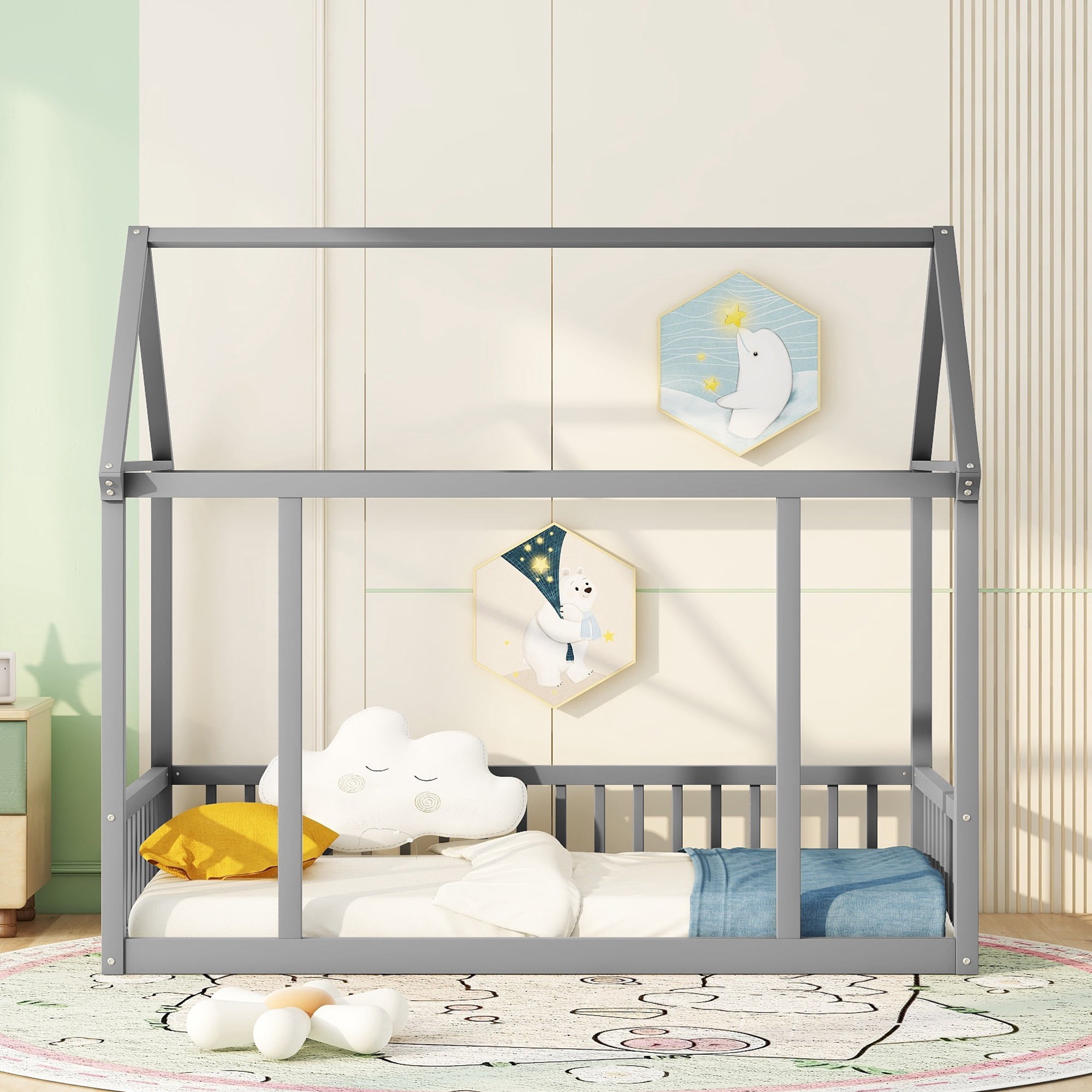 Bellemave Twin Size Wood House-Shaped Floor Bed with Fence, Guardrails, Montessori Floor Bed House Bed Frame with Roof (Twin, Gray)