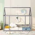 thumbnail image 2 of Bellemave Twin Size Wood House-Shaped Floor Bed with Fence, Guardrails, Montessori Floor Bed House Bed Frame with Roof (Twin, Gray), 2 of 12