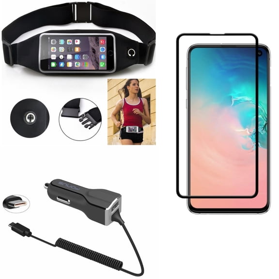 Galaxy S10e Running Waist Bag w Screen Protector w Car Charger - Belt Band Sports Gym Workout, Tempered Glass 5D Curved Edge, 30W Type-C Power for Samsung Galaxy S10e Phone