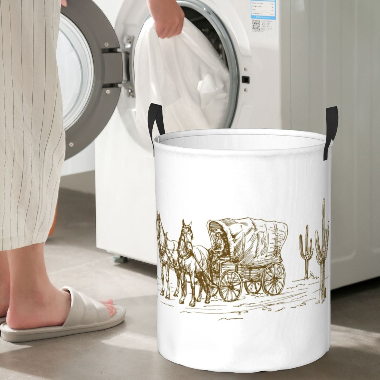 Large Laundry Basket with Handles - Western Scenery With Old Wagon Kids Baby Dirty Clothes Laundry Hamper for Bedroom Aesthetic