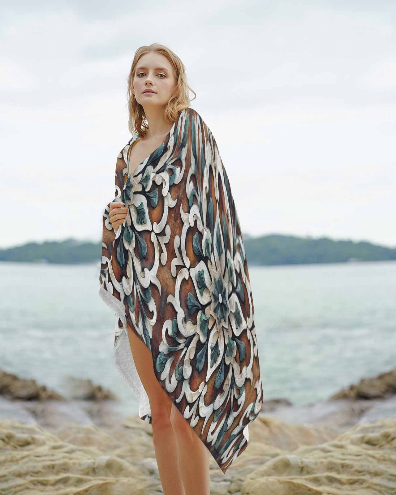 Brown Teal Boho Beach Towels Oversized Super Absorbent, Ethnic Rustic Abstract Flowers Lightweight Bath Towel Quick Dry Sets For Bathroom/Pool/Rv Camping/Beach Play/Gym Room/Picnic 23"x47"