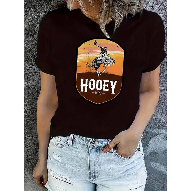Camiseta informal de cuello redondo para mujer con estampado vaquero, manga corta a la moda, 100 % algodón, elasticidad media, para usar todo el año, ideal para deportes de ocio.