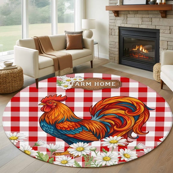 Round Area Rugs Collection 7 Ft, Spring Floral Non-Slip Residential Carpet, Red Checkered Rooster Farmhouse Art Indoor Crawling Mats Runner Rugs for Living Room/Dining Room/Bedroom