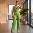 thumbnail image 7 of JULMCOMO Satin Jumpsuits for Women V Neck Sleeveless Dressy Jumpsuits Cinched Waist Wide Leg Evening Party Summer Outfits Fluorescent Green M, 7 of 7