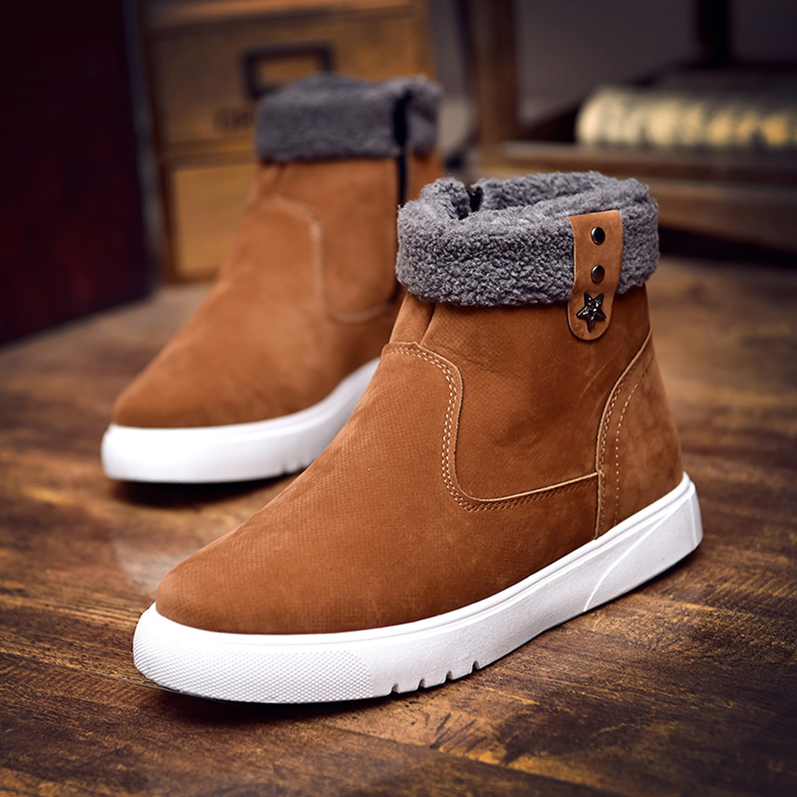 PMUYBHF Male Mens Boots Black Dress Men s Shoes High Top Side Zipper Sports Casual Shoes Winter Warm Plush Snow Boots 42