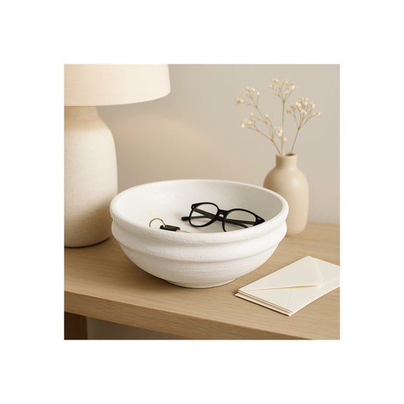 Decorative Textured Round Bowl for Coffee Table - Contemporary Centerpiece Table Decoration, Living Room, and Home Decor Accent -  Minimalist Kitchen Counter Decor, Key, or Candy Bowl - 6", White