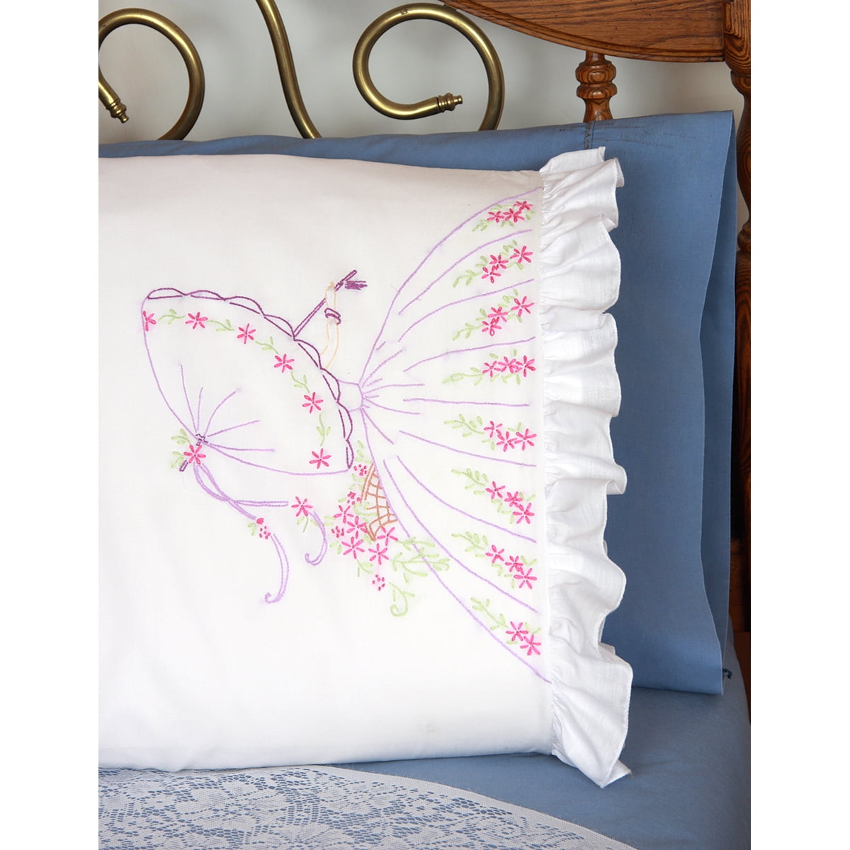 Stamped Ruffled Edge Pillowcases 30"X20" 2/PkgUmbrella Lady, Pk 1