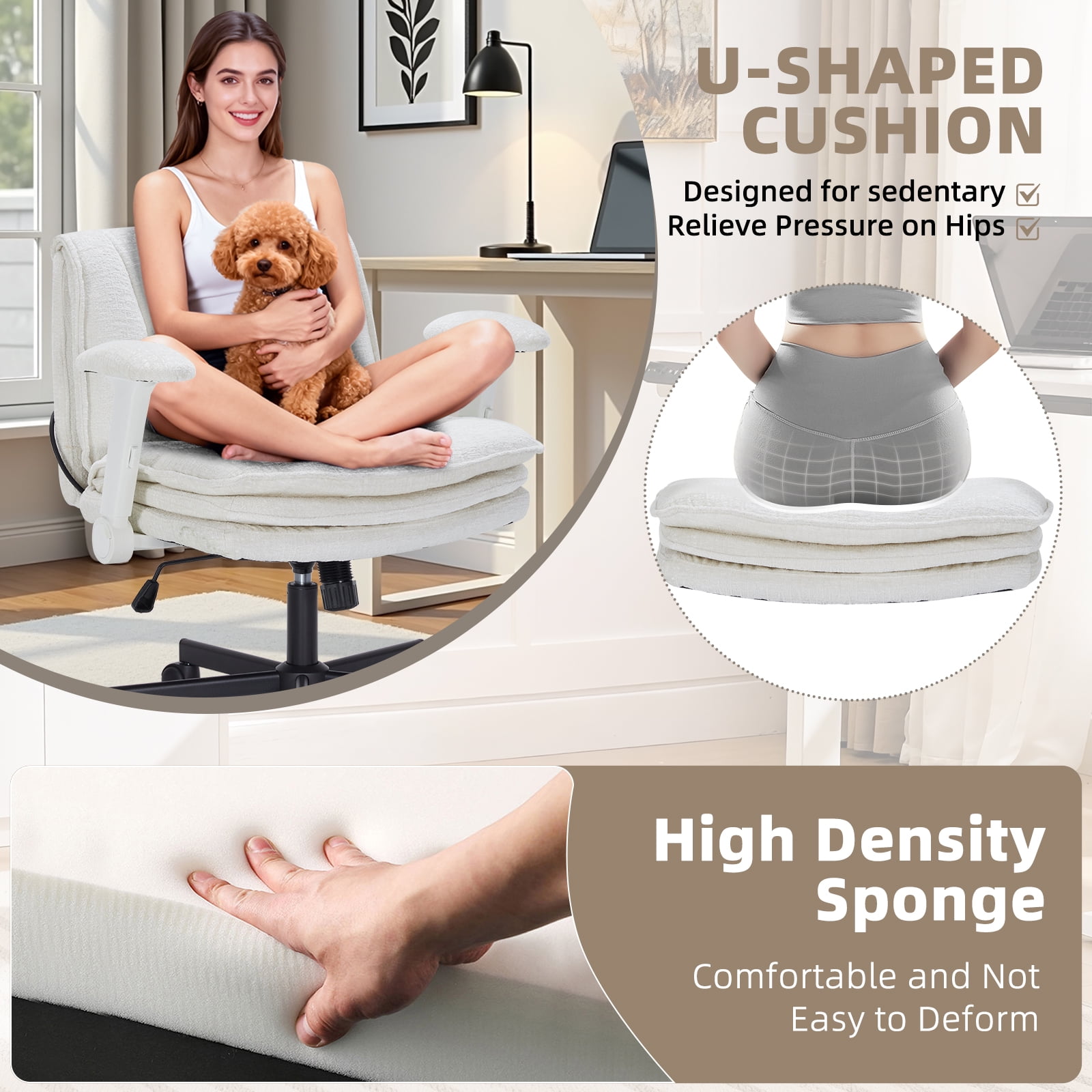 Criss Cross Legged Office Chair with Wide 3 Layer Cushions, Ergonomic Criss Cross Desk Chair with Dynamic Lumbar Support and Flip-up Arms, Mid Back Fabric Swivel Vanity Chair for Work, Study, Leisure