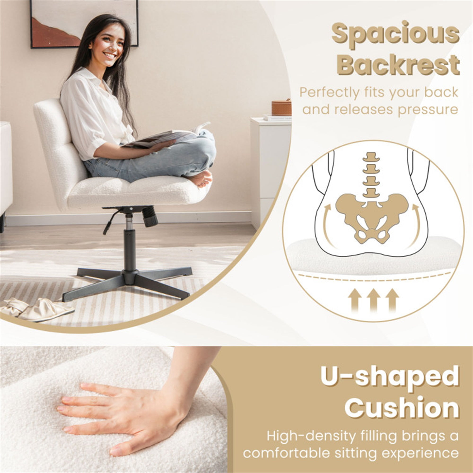 Demi Bonn Office Armless Chair Cross Legged with Imitation Lamb Fleece and Adjustable Height, for Home, Bedroom, Study, Beige