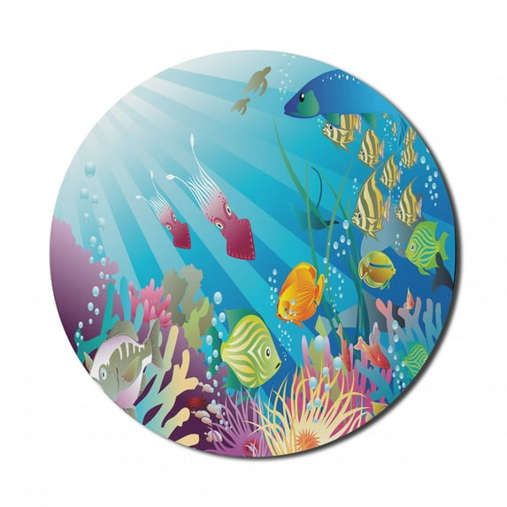 Underwater Mouse Pad for Computers, Print of Colorful Marine Themed Lifestyle with Many Fish Species in the Ocean, Round Non-Slip Thick Rubber Modern Mousepad, 8" Round, Multicolor, by Ambesonne
