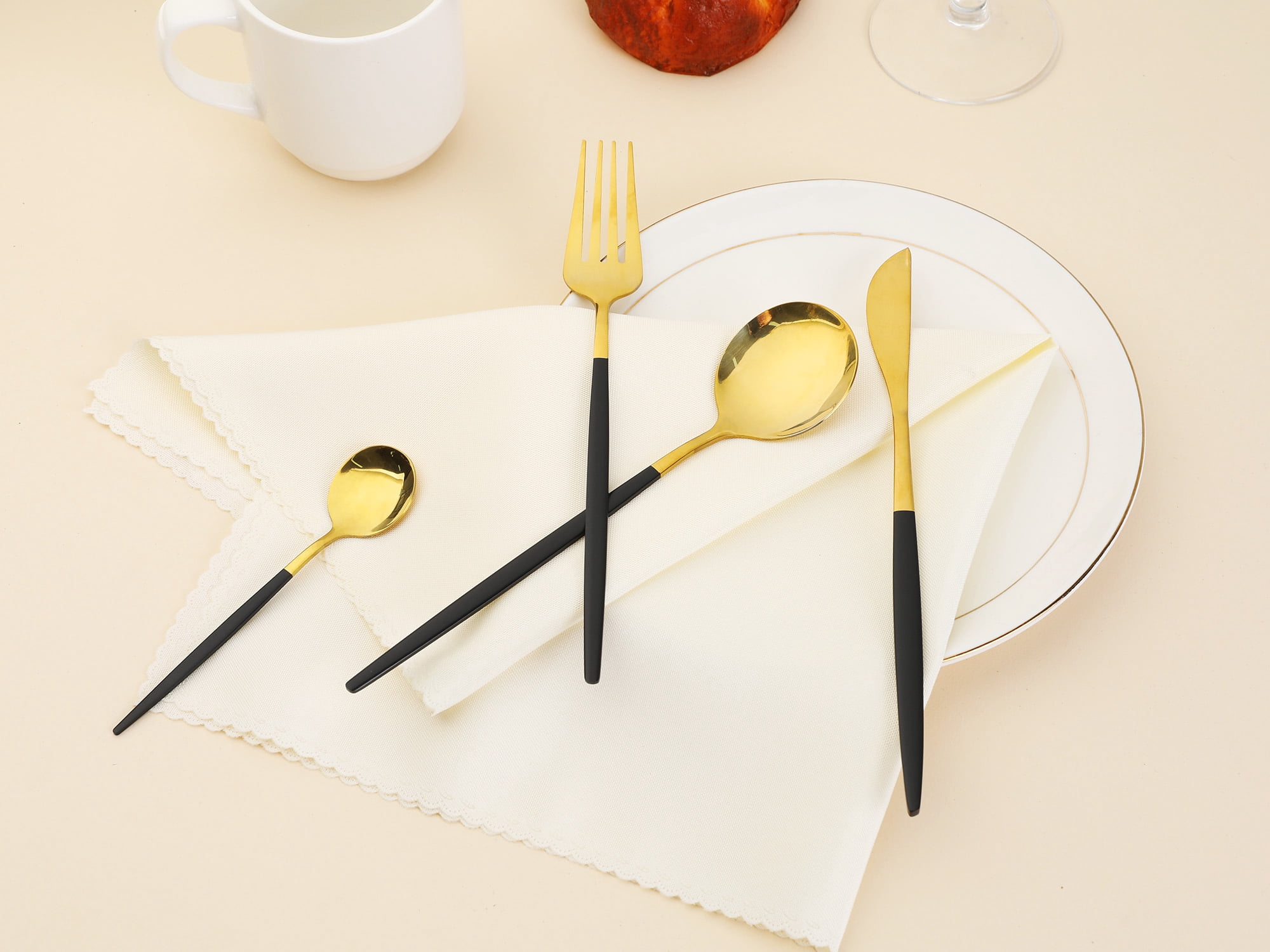 Unique Bargains 16 Pcs Stainless Steel Flatware Set Mirror Polished Cutlery Set Black/Gold