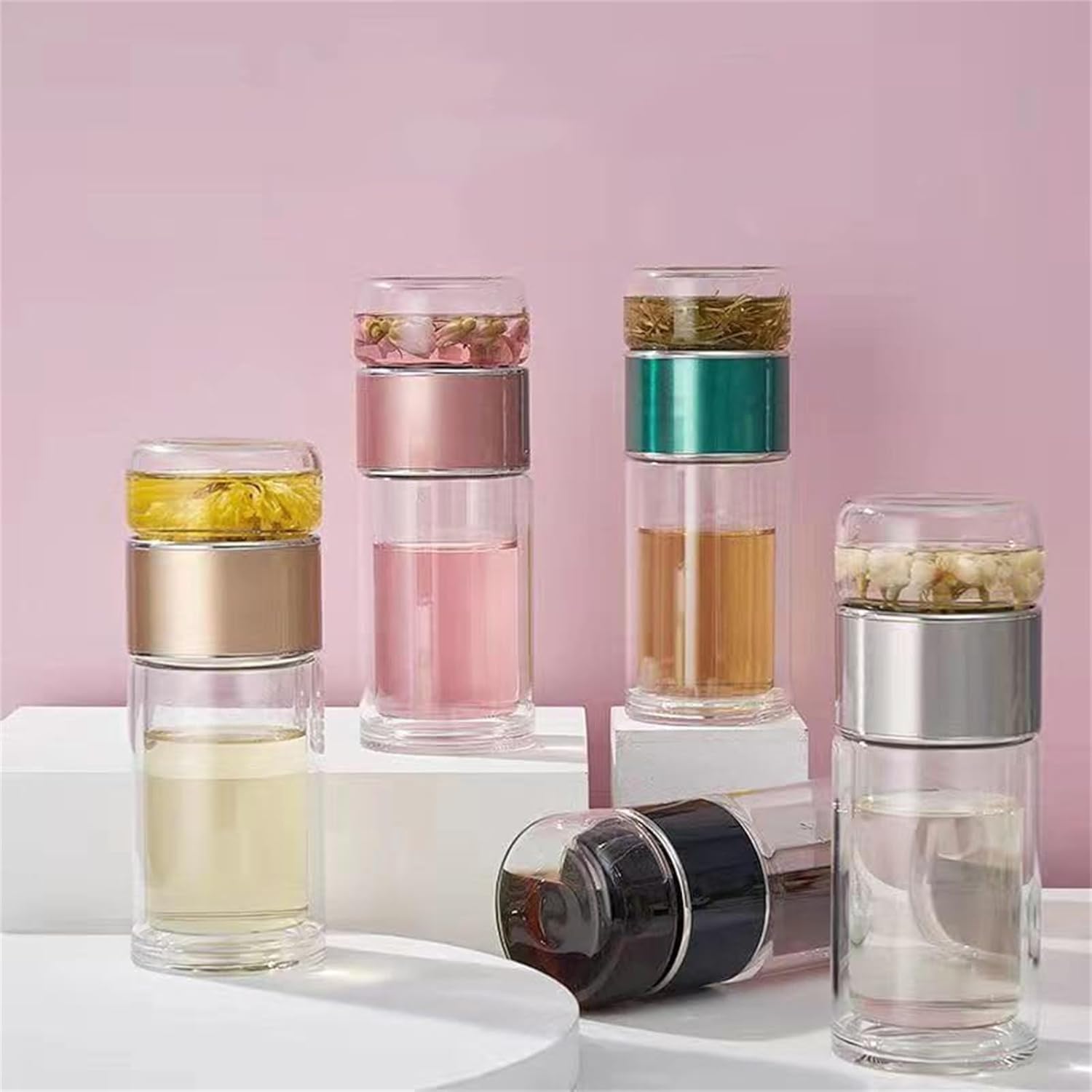 Infuseur à Thé Portable En Verre Double Couche 420 Ml - Filtre En Acier Inoxydable Intégré - Anti-fuite - Rose