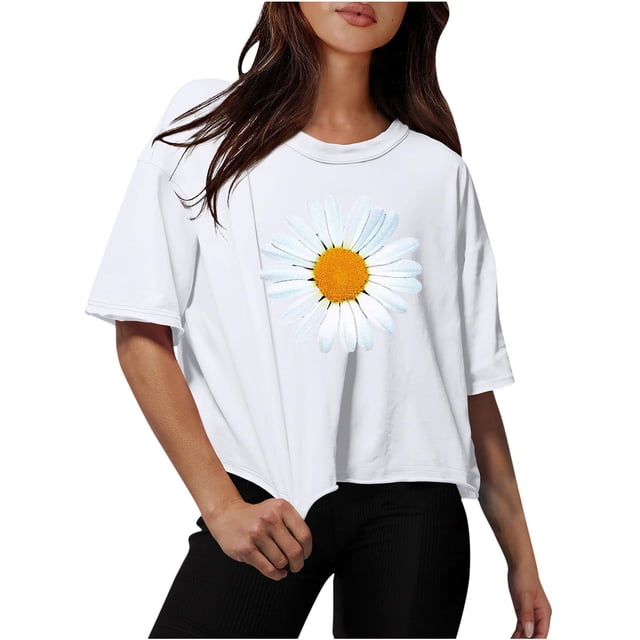 Blouses for Women Drop Shoulder Round Neck Oversized Crop Tops Workout Tops Tees
