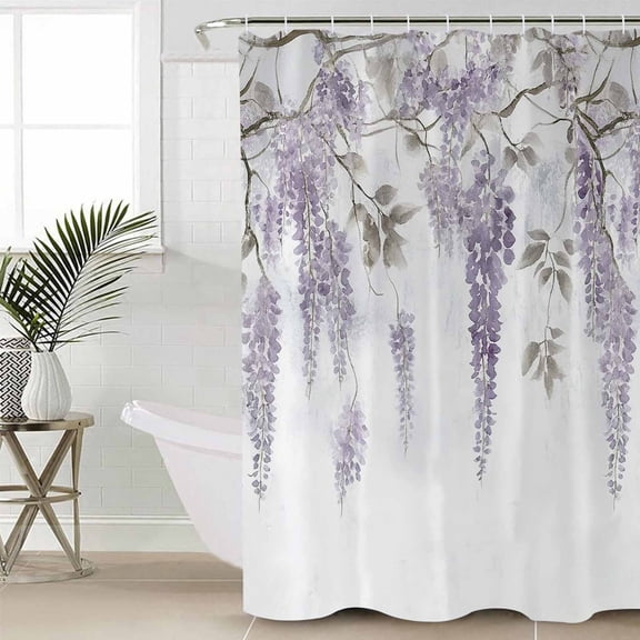 Purple Spring Floral Waterproof Fabric Shower Curtain, Summer Botanical Weeping Vintage Shower Curtain for Bathroom Curtains Bathtubs Hotel Washable Shower Curtains with 12 Hooks Extra Long 72x96