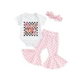 thumbnail image 2 of Baby Girls Summer Outfit, Short Sleeve Letters Print Romper with Plaid Flare Pants and Headband, 2 of 10