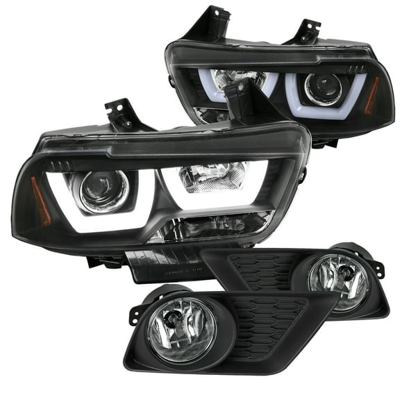 Spec-D Tuning Black Halo LED Projector Headlight Smoked Fog Lights Compatible with Dodge Charger Left   Right Pair Headlamps Assembly