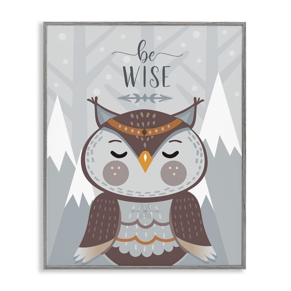 Stupell Industries Cottage Be Wise Quote Loveable Owl Snowy Mountains Gray Framed Giclee Art, 16 x 20, by AE Design