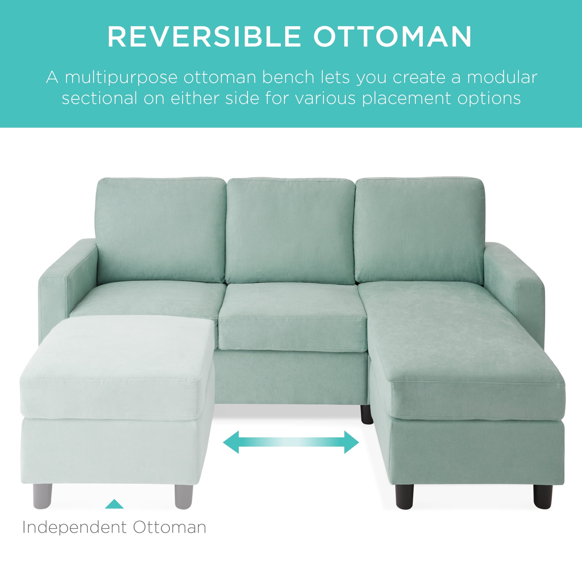 Best Choice Products Linen Sectional Sofa Couch w/ Chaise Lounge, Reversible Ottoman Bench - Aqua