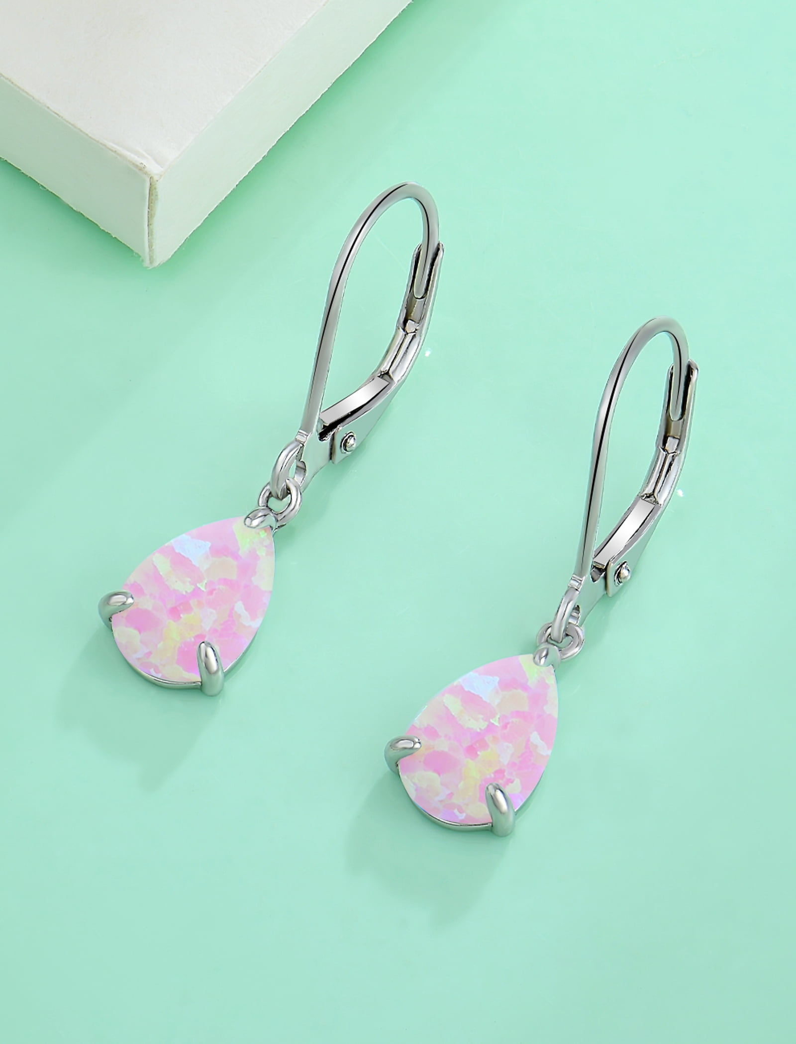 Vesitim Opal Earrings for Women Sterling Silver Teardrop Solitaire Dangle Drop Earring Birthstone Jewelry Gift Created Pink Opal