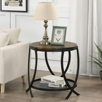 Industrial Round End Table with Storage Shelf, 2-Tier Side Table for Living Room, Adjustable Feet & lmitation Wood Grain Surface, Rustic Brown